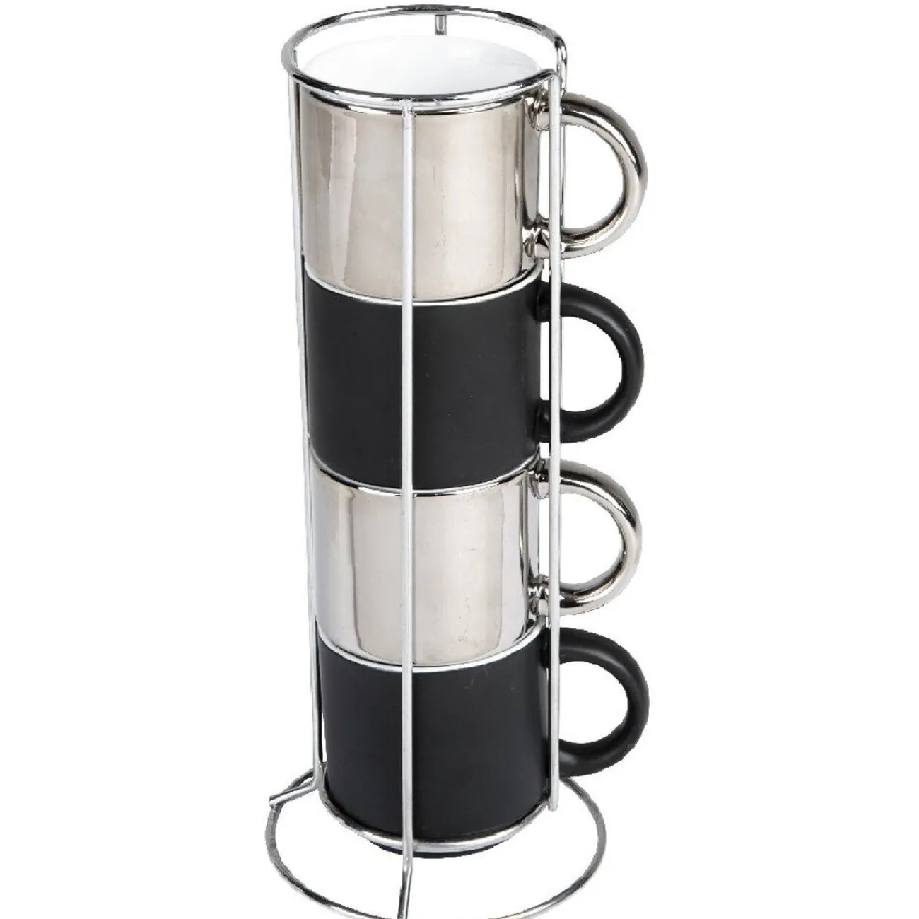 Gifi 4 tasses en céramique noir et argent avec support metallique h30