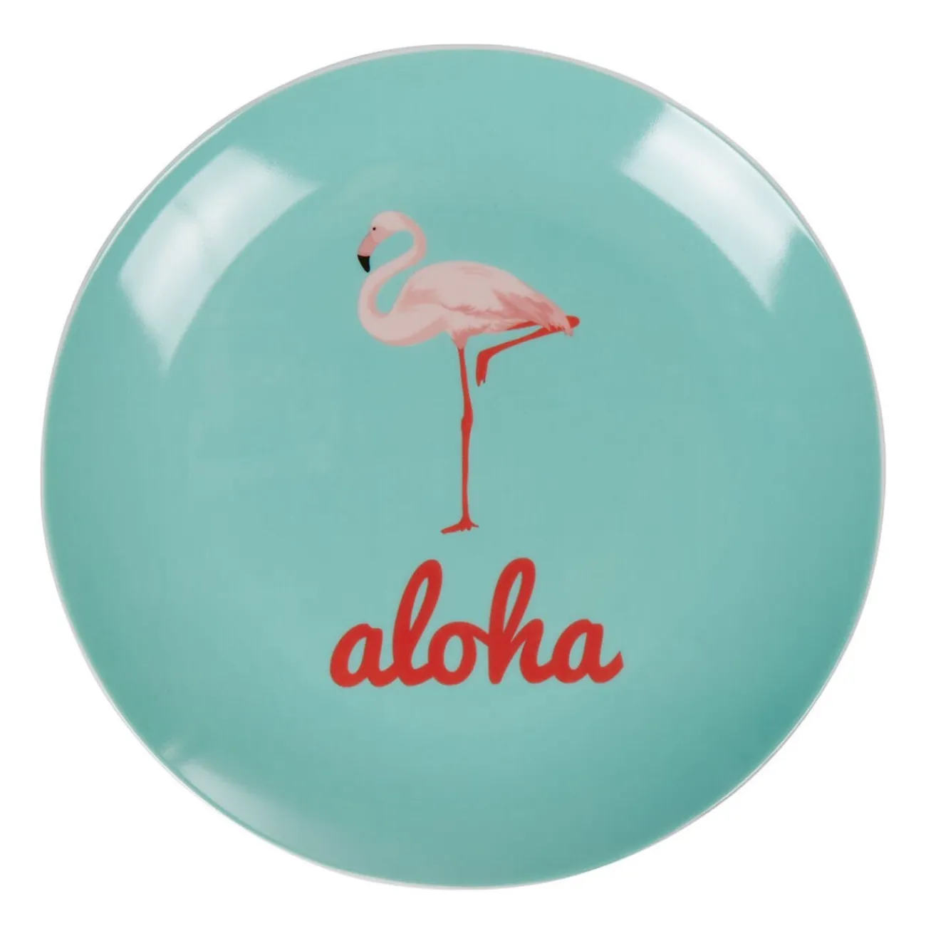 Gifi Assiette à dessert ronde bleu turquoise flamant rose aloha