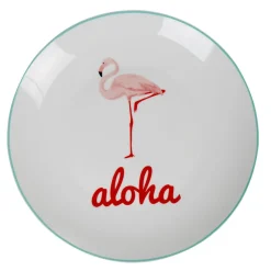 Gifi Assiette plate ronde blanche flamant rose aloha