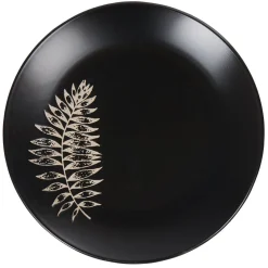 Gifi Assiette plate ronde noire motif plante blanche embossé