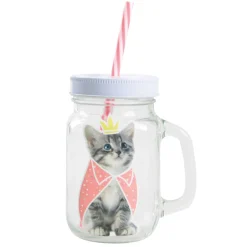 Gifi Bocal à paille avec anse et couvercle motif chat rose et blanc