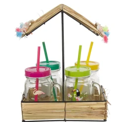 Gifi Bocal à paille et couvercle style tropical avec support x4