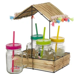 Gifi Bocal à paille et couvercle style tropical avec support x4