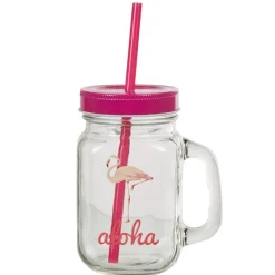 Gifi Bocal à paille et couvercle style tropical avec support x4