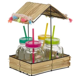 Gifi Bocal à paille et couvercle style tropical avec support x4