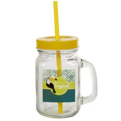 Gifi Bocal à paille et couvercle style tropical avec support x4