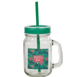 Gifi Bocal à paille et couvercle style tropical avec support x4