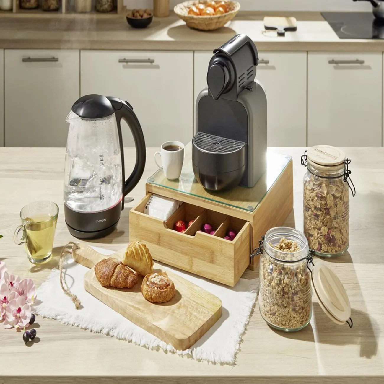 Gifi Bocal hermétique rond transparent avec couvercle en bambou H16,5 cm