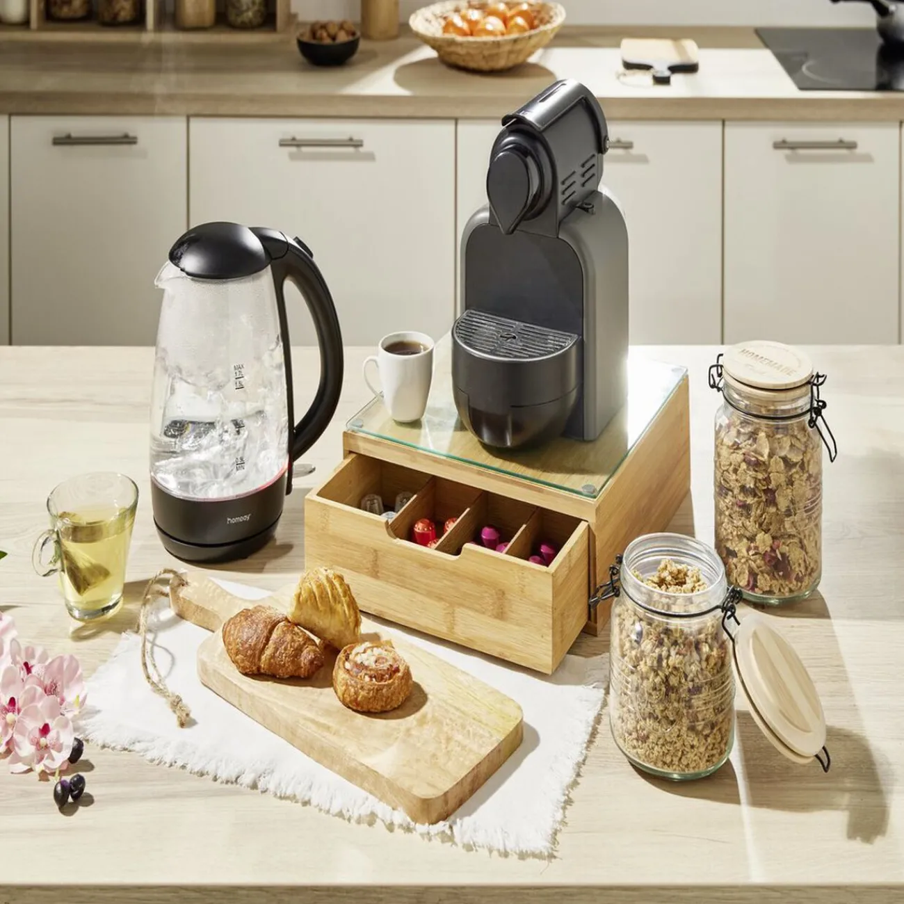 Gifi Bocal hermétique rond transparent avec couvercle en bambou H14,5 cm