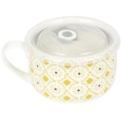 Gifi Bol jumbo soupe avec couvercle en porcelaine blanc motif jaune