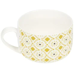 Gifi Bol jumbo soupe avec couvercle en porcelaine blanc motif jaune