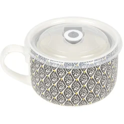 Gifi Bol jumbo soupe avec couvercle en porcelaine blanc motif noir
