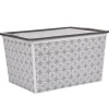 Gifi Rangement|Boîte de rangement bohème blanc gris et couvercle gris 50 L