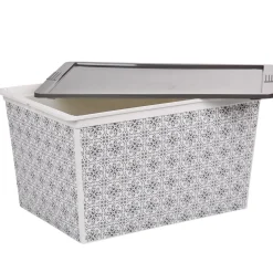 Gifi Rangement|Boîte de rangement bohème blanc gris et couvercle gris 50 L
