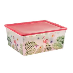 Gifi Rangement|Boîte de rangement motif flamant rose et feuilles 18 L