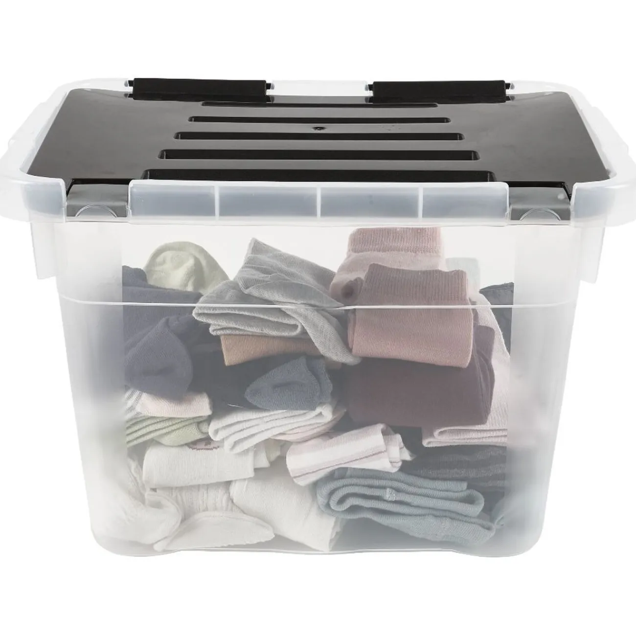 Gifi Rangement|Boîte de rangement transparente à couvercle noir à clips 18 L