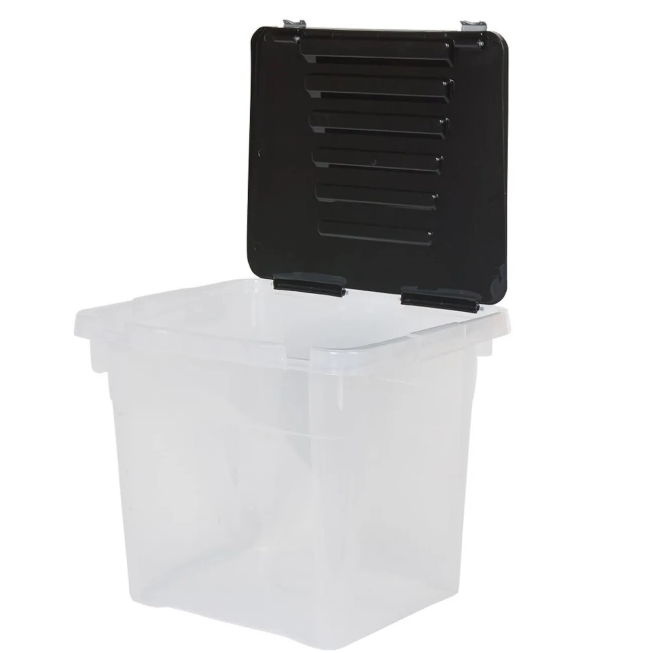 Gifi Rangement|Boîte de rangement transparente à couvercle noir à clips 36 L