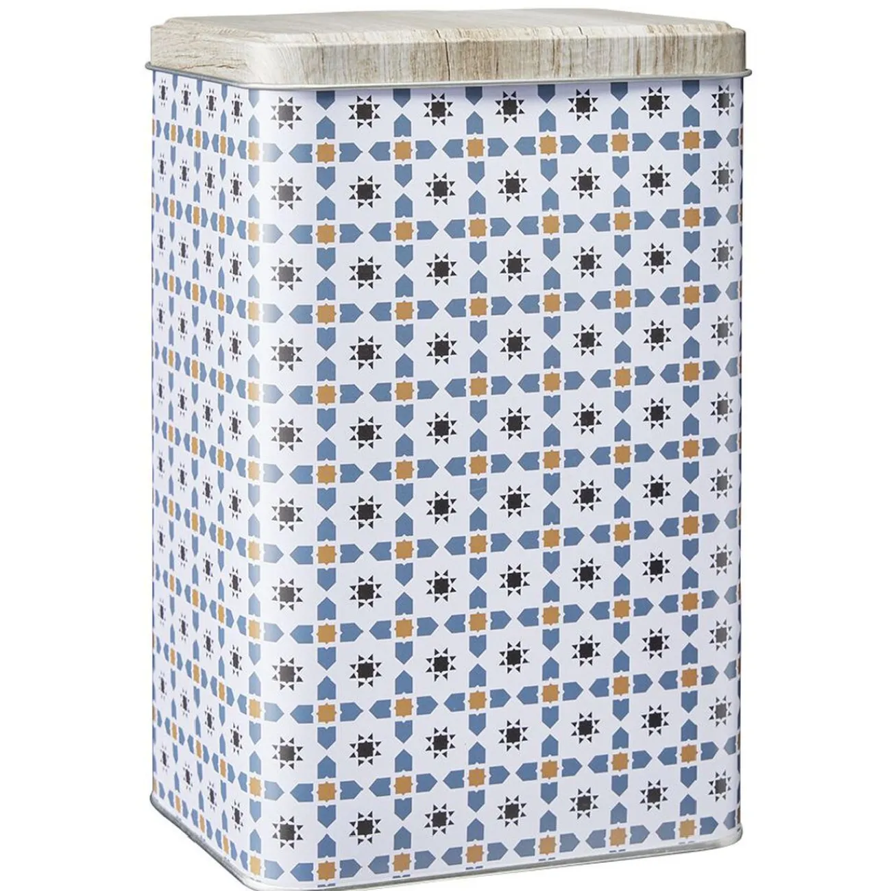 Gifi Boîte en métal décor carreau de ciment avec couvercle effet bois