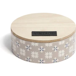 Gifi Rangement|Boîte ronde bois et carreaux de ciment gris et blanc