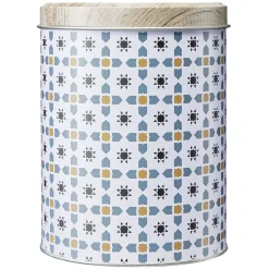 Gifi Boîte ronde en métal décor carreau de ciment avec couvercle effet bois