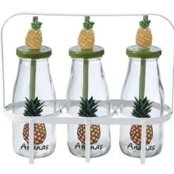 Gifi Bouteilles x3 avec pailles design exotique x3 panier métal blanc