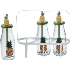 Gifi Bouteilles x3 avec pailles design exotique x3 panier métal blanc