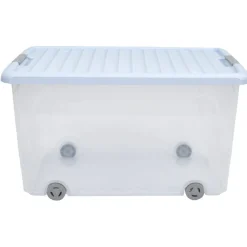 Gifi Rangement|Box de rangement à roulettes transparent bleu 50L