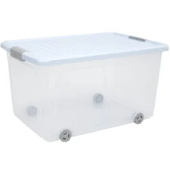 Gifi Rangement|Box de rangement à roulettes transparent bleu 50L