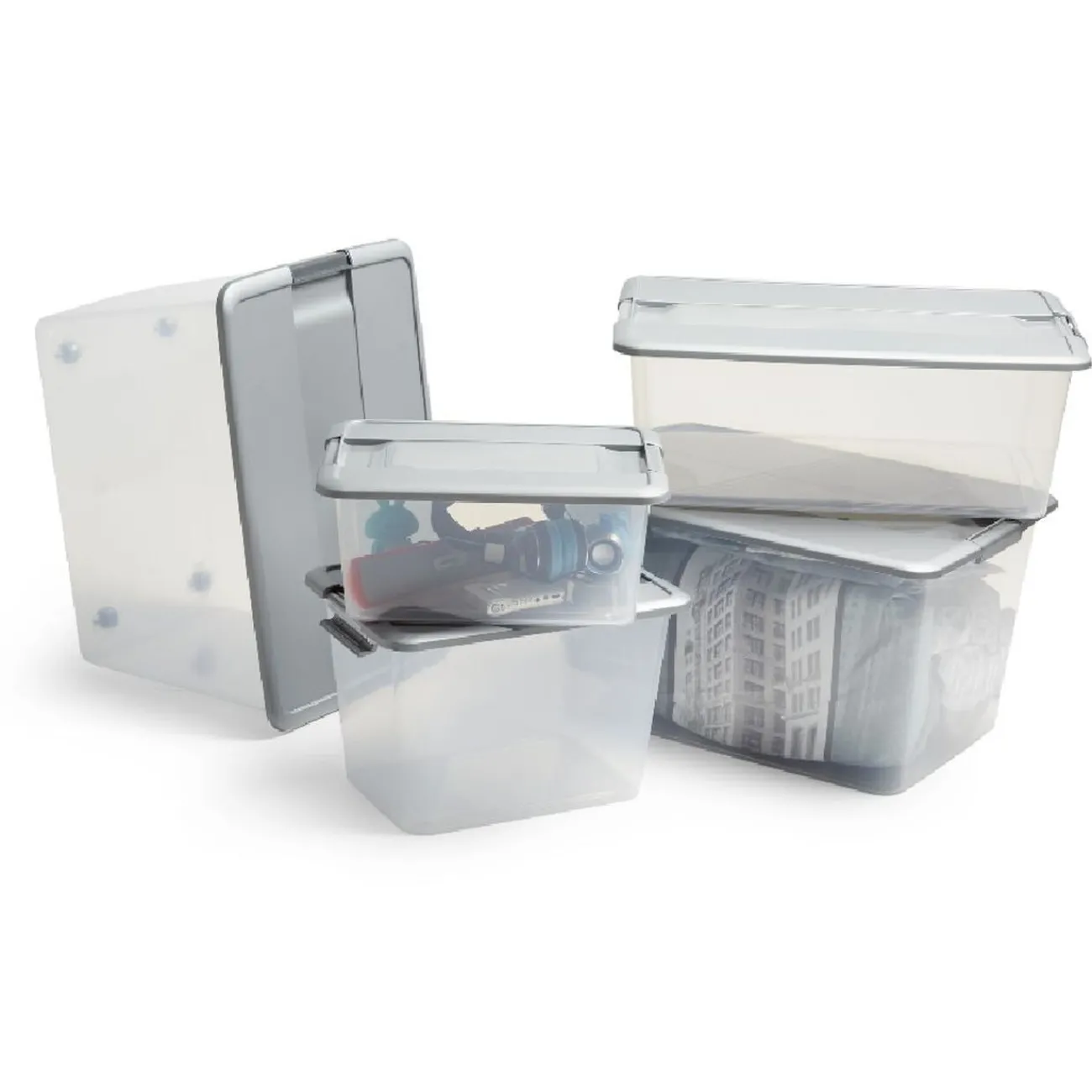 Gifi Rangement|Box de rangement A3 transparente couvercle gris poignées clips 35 L