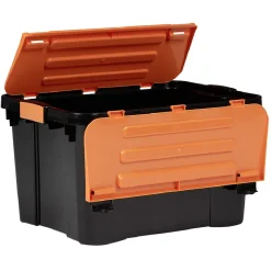Gifi Rangement|Box de rangement brico noir avec couvercle orange à double ouverture 34L