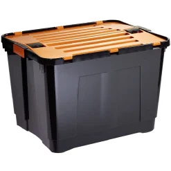 Gifi Rangement|Box de rangement brico noir avec couvercle orange à double ouverture 80L