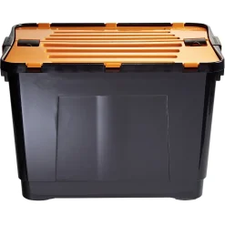 Gifi Rangement|Box de rangement brico noir avec couvercle orange à double ouverture 80L