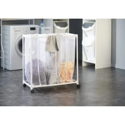 Gifi Entretien Du Linge|Chariot buanderie sur roulettes 3 filets blancs