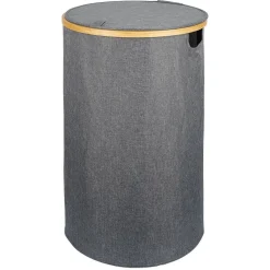 Gifi Entretien Du Linge|Coffre à linge rond 75L bambou et polyester gris