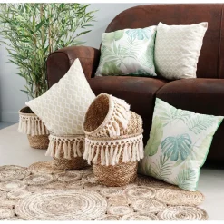 Gifi Rangement|Corbeille ronde en jonc déco pompon naturel blanc