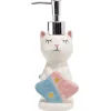 Gifi Aménagement Salle De Bain^Distributeur à savon forme chat avec porte éponge grès blanc rose bleu
