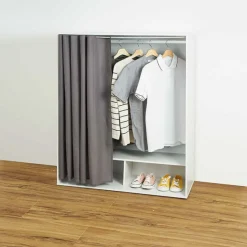 Gifi Rangement|Dressing sous pente penderie 2 niches rideau gris bois blanc