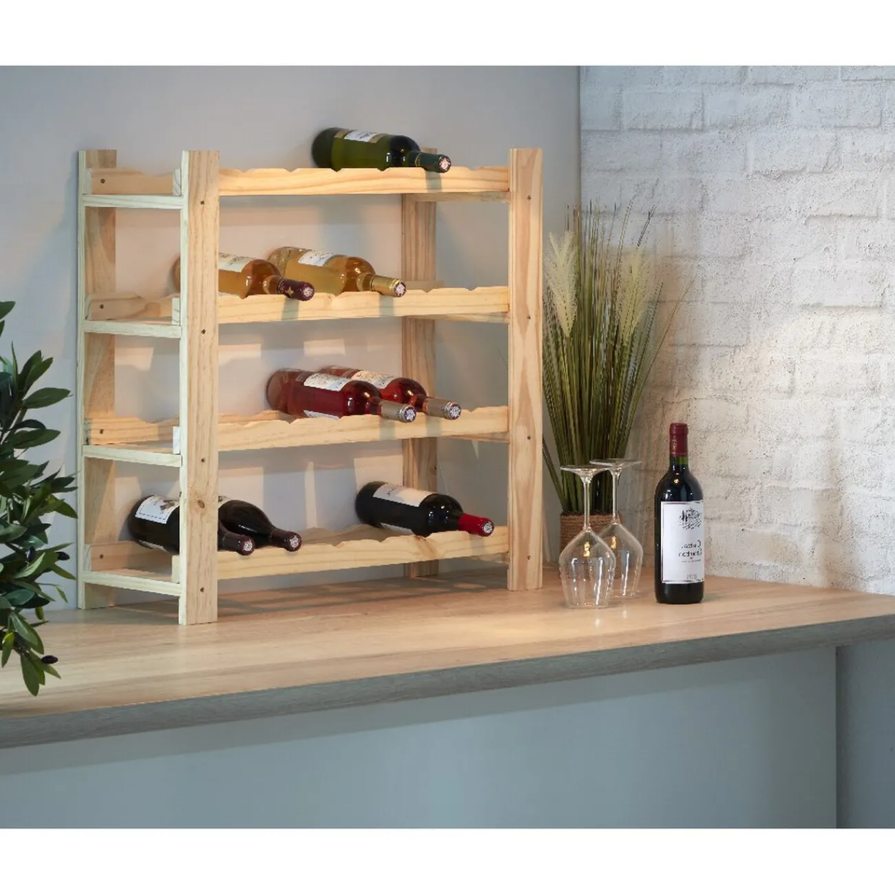 Gifi Rangement|Etagère porte bouteille 4 niveaux en pin naturel