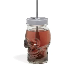 Gifi Gobelet en verre forme tête de mort avec paille et couvercle gris