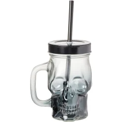 Gifi Gobelet en verre forme tête de mort avec paille et couvercle
