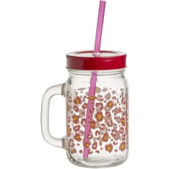 Gifi Gobelet en verre imprimé avec poignée paille et couvercle 480ml