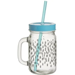 Gifi Gobelet en verre imprimé avec poignée paille et couvercle 480ml