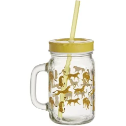 Gifi Gobelet en verre imprimé avec poignée paille et couvercle 480ml