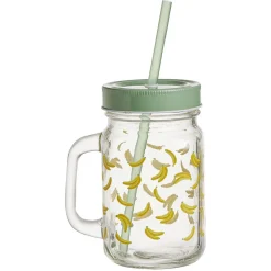 Gifi Gobelet en verre imprimé avec poignée paille et couvercle 480ml