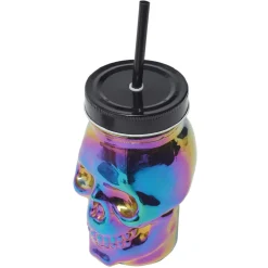 Gifi Gobelet verre forme tête de mort couvercle et paille 500 ml