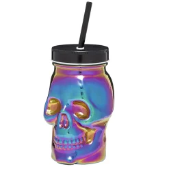 Gifi Gobelet verre forme tête de mort couvercle et paille 500 ml