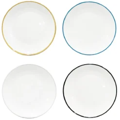 Gifi Lot de 4 assiettes plates rondes porcelaine blanche avec liseré coloré