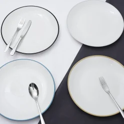 Gifi Lot de 4 assiettes plates rondes porcelaine blanche avec liseré coloré
