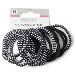 Gifi Beauté^Lot de 15 élastiques à cheveux polyester noir et blanc