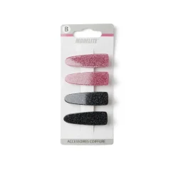 Gifi Beauté^Lot de 4 pinces à cheveux plates crocodile paillettes noir et rose